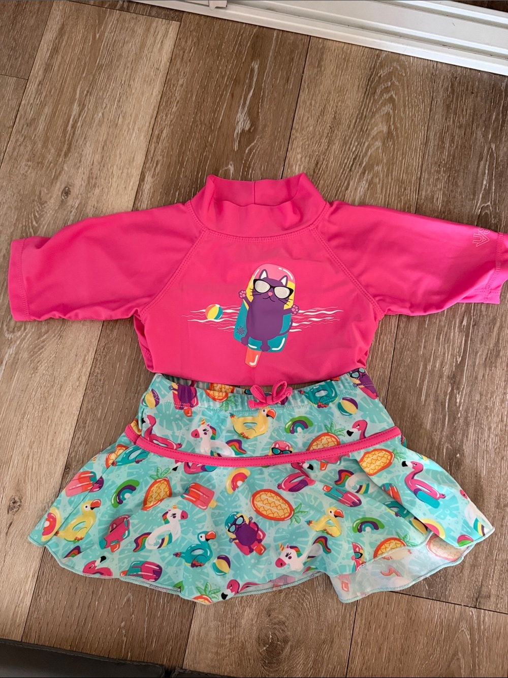 Skin Kids Hot Pink Rash Guard One-Piece with Aqua Patterned Skirt